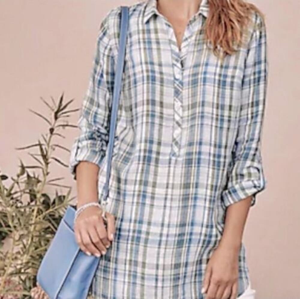 J. Jill Love Linen Lavender Plaid Popover Tunic Womens Large Preppy Top Blouse